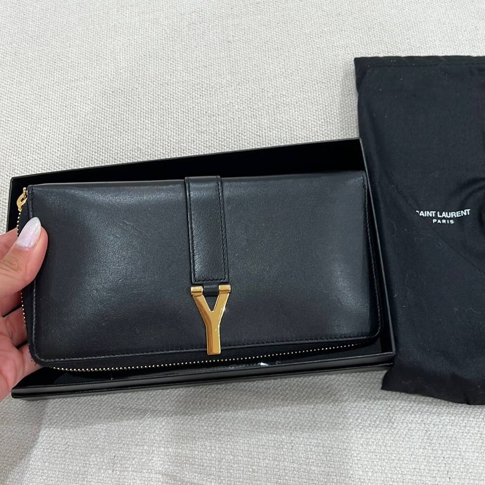Authentic Saint Laurent black leather zip long wallet